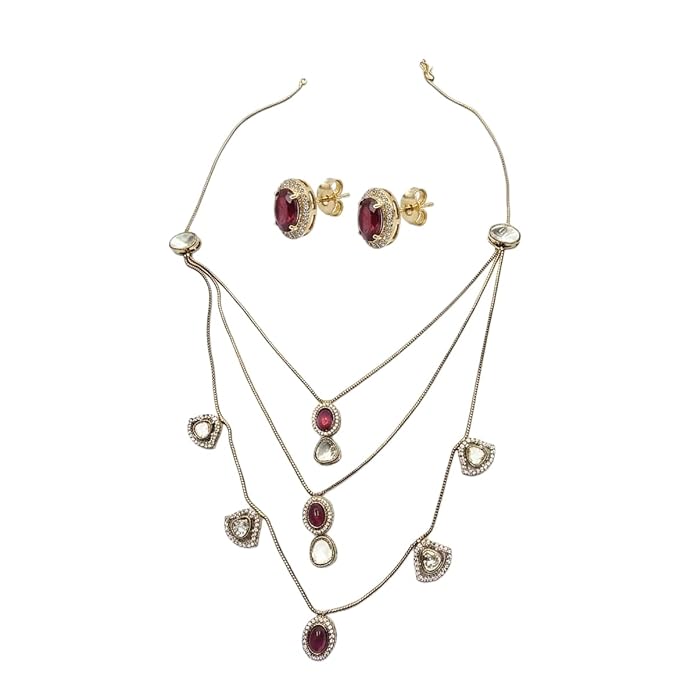 Moissanite and Pink Cabochon Multi-Layered Haar Necklace with Matching Drop Earrings, Gold-Toned, Bridal Jewellery Set - Image 2