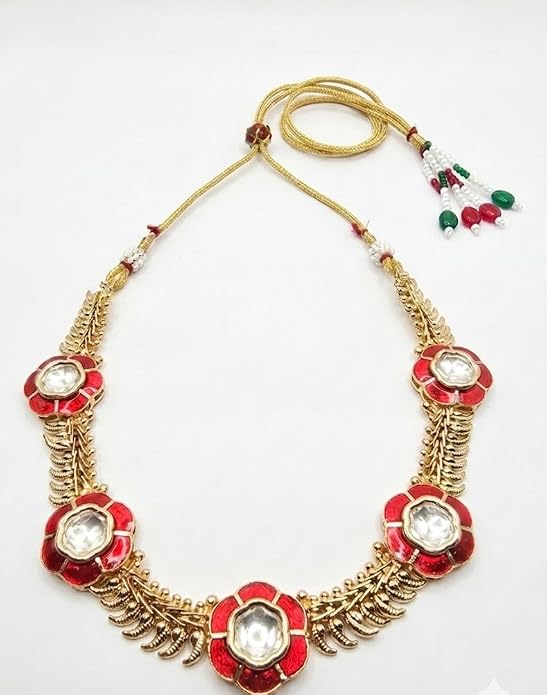Enamel Bloom Moissanite Choker & Stud Set, Red and Gold, Floral, Festive, Adjustable Dori - Image 3