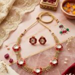 Enamel Bloom Moissanite Choker & Stud Set, Red and Gold, Floral, Festive, Adjustable Dori