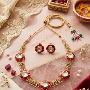Enamel Bloom Moissanite Choker & Stud Set, Red and Gold, Floral, Festive, Adjustable Dori