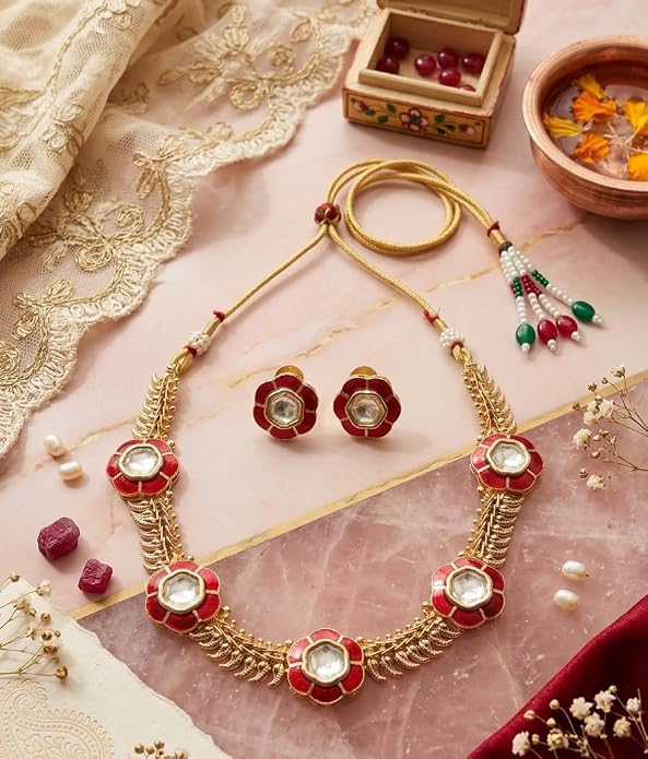 Enamel Bloom Moissanite Choker & Stud Set, Red and Gold, Floral, Festive, Adjustable Dori