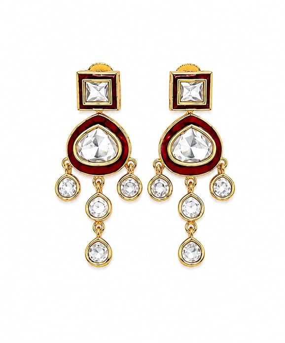 Moissanite Polki Long Haaram Set, Gold-Toned, Maroon Enamel Work, Two-Layer Necklace with Matching Earrings - Image 2