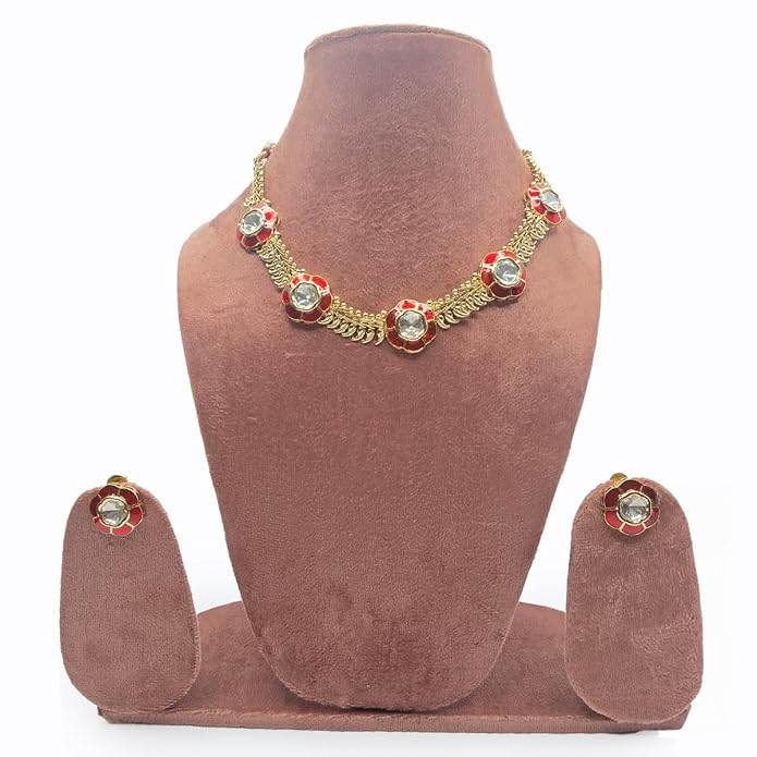 Enamel Bloom Moissanite Choker & Stud Set, Red and Gold, Floral, Festive, Adjustable Dori - Image 2