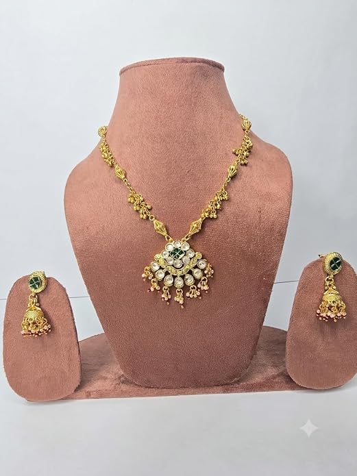 Polki Pendant Necklace Set with Emerald Stone & Jhumki Earrings | Matar Mala Chain, Semi-Precious Stone, Kundan Work, Gold-Toned Finish, Ruby & Pearl Drops - Image 2