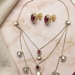 Moissanite and Pink Cabochon Multi-Layered Haar Necklace with Matching Drop Earrings, Gold-Toned, Bridal Jewellery Set