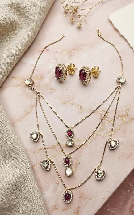 Moissanite and Pink Cabochon Multi-Layered Haar Necklace with Matching Drop Earrings, Gold-Toned, Bridal Jewellery Set