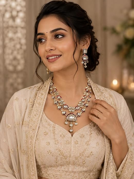 Moissanite Polki Long Haaram Set, Gold-Toned, Maroon Enamel Work, Two-Layer Necklace with Matching Earrings - Image 3