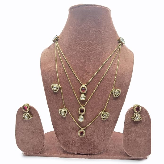 Moissanite and Pink Cabochon Multi-Layered Haar Necklace with Matching Drop Earrings, Gold-Toned, Bridal Jewellery Set - Image 3