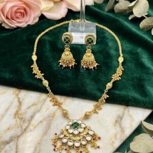 Polki Pendant Necklace Set with Emerald Stone & Jhumki Earrings | Matar Mala Chain, Semi-Precious Stone, Kundan Work, Gold-Toned Finish, Ruby & Pearl Drops