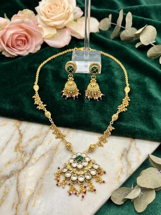 Polki Pendant Necklace Set with Emerald Stone & Jhumki Earrings | Matar Mala Chain, Semi-Precious Stone, Kundan Work, Gold-Toned Finish, Ruby & Pearl Drops