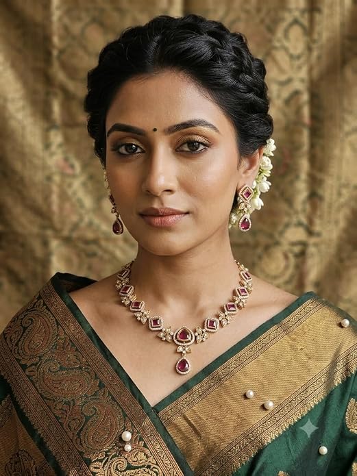 Moissanite Polki Necklace Set with Emerald Green Enamel, Double-Layered Haaram, Bridal Wedding Jewellery - Image 2