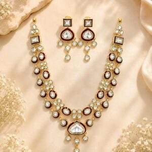 Moissanite Polki Long Haaram Set, Gold-Toned, Maroon Enamel Work, Two-Layer Necklace with Matching Earrings