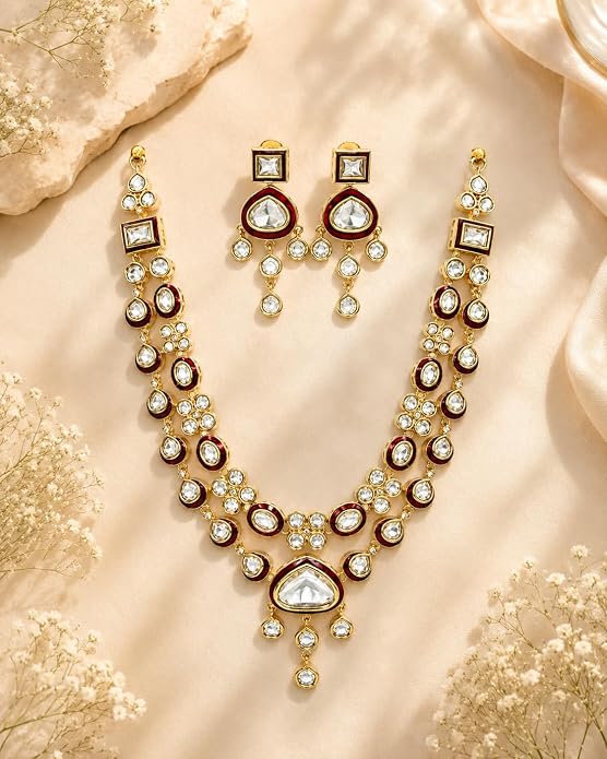 Moissanite Polki Long Haaram Set, Gold-Toned, Maroon Enamel Work, Two-Layer Necklace with Matching Earrings